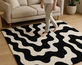 Black Ivory Abstract Rug, Hand Tufted Wool Rug, Modern Wavy Area Rug, Contemporary Designer Carpet, Custom Size Rug