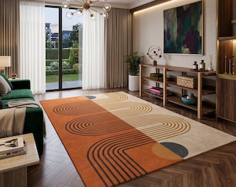 Alfombra geométrica abstracta moderna, alfombra de lana tejida a mano, alfombra de diseño en color terracota beige, alfombra minimalista para sala de estar y dormitorio.