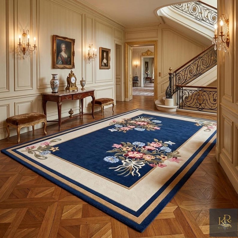 Navy Blue Floral Area Rug Hand Tufted Wool Carpet | Traditional ...