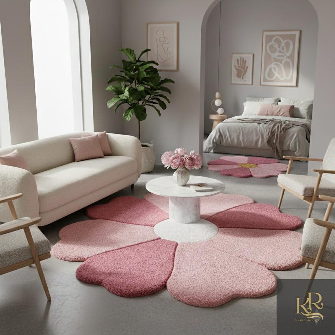 Pink Bloom Rug Luxury Blush Pink Floral Shape Hand-tufted Area Rug – Plush Flower ...