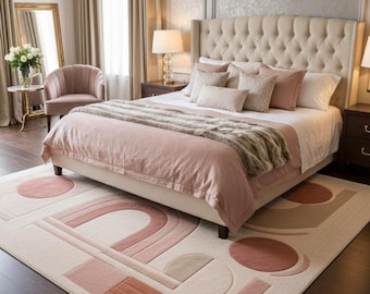 Alfombra moderna abstracta de lana tejida a mano en rosa rubor y beige. Alfombra geométrica de lujo para sala de estar y dormitorio.