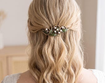 Pasador de pelo con forma de hoja de perla, pinza para el pelo francesa vintage, pasador botánico de esmalte verde, accesorio para el cabello de boda, regalo para el cabello de estilo cottagecore