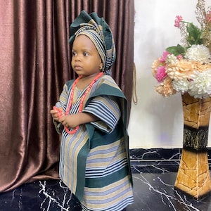 First Birthday Aso Oke Outfit: Iro and Buba Dress, Auto Gele - Fits 12-18 Months