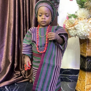 First Birthday Aso Oke Outfit: Iro and Buba Dress, Auto Gele - Fits 12-18 Months
