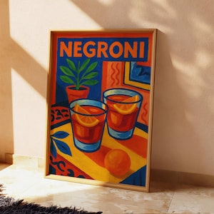 Negroni Wall Art Print – Bold Cocktail Painting, Retro Bar Decor, Colourful Kitchen Drink Poster