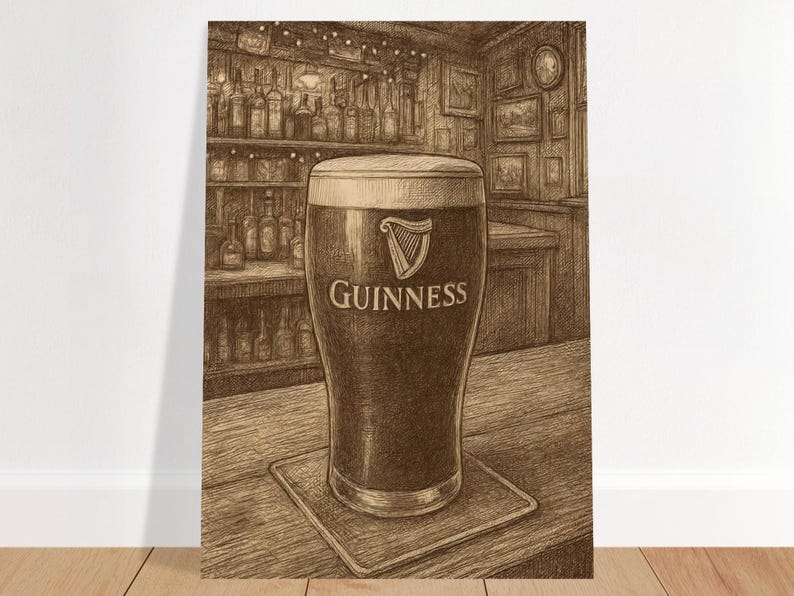 Guinness Pint in Irish Pub – Pen Sketch Poster | Vintage Bar Art Print | Irish Pub Wall Decor | Guinness Lover Gift | Beer Art Illustration image 8