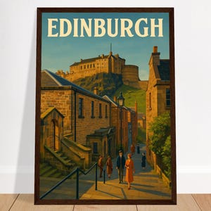 Vintage Edinburgh Poster Print – Retro Travel Wall Art, Castle View Illustration, Scotland Decor