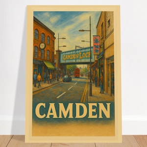 Camden London Poster – Retro Camden Lock Wall Art | Vintage London Street Scene Print | UK Travel Art | Camden Market Illustration