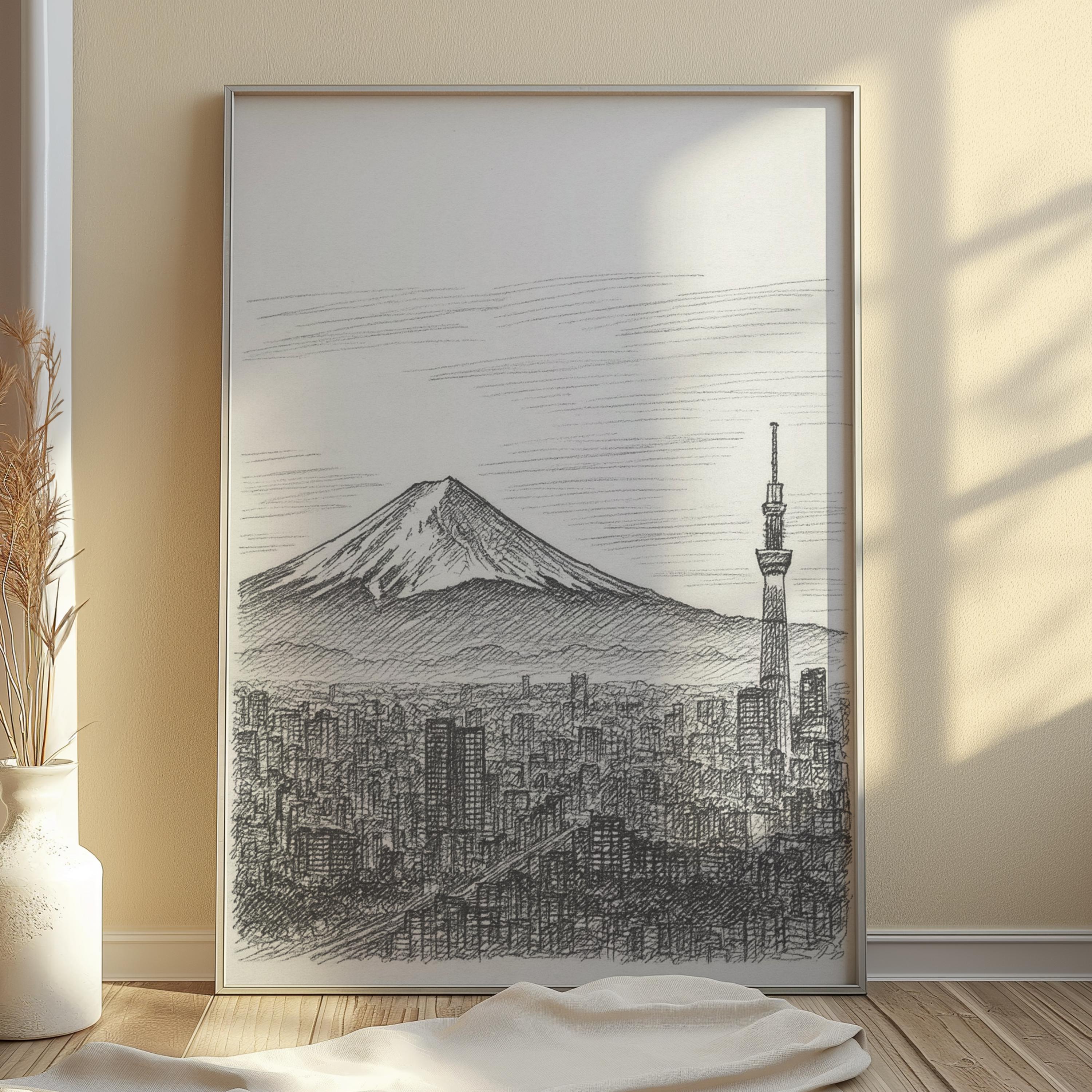 東京のスカイライン鉛筆スケッチウォールアート | 富士山の日本画