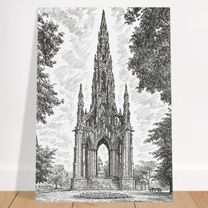 Edinburgh Scott Monument Pen Sketch Print – Vintage Scotland Wall Art | Historic Architecture Drawing | Travel Poster | UK Cityscape Art