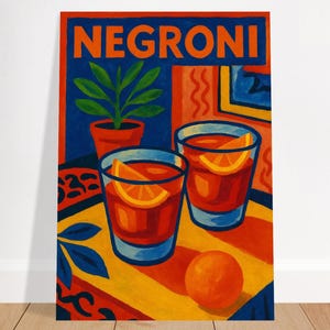 Negroni Wall Art Print – Bold Cocktail Painting, Retro Bar Decor, Colourful Kitchen Drink Poster