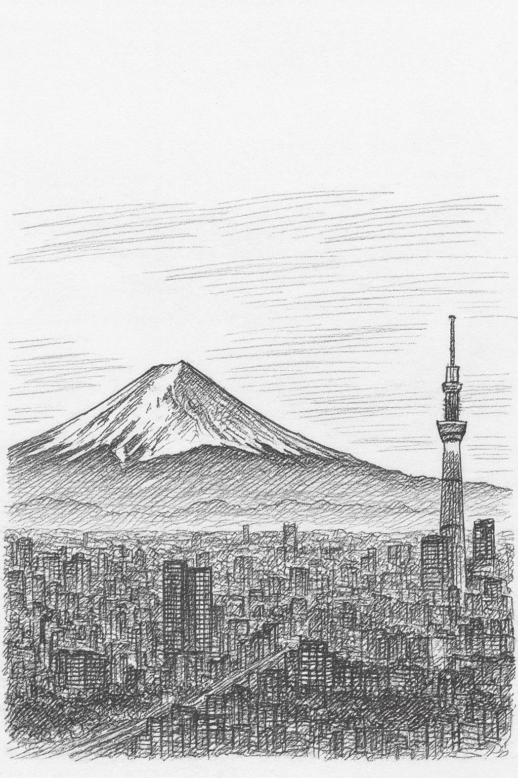 東京のスカイライン鉛筆スケッチウォールアート | 富士山の日本画