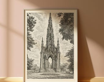 Edinburgh Scott Monument Pen Sketch Print – Vintage Scotland Wall Art | Historic Architecture Drawing