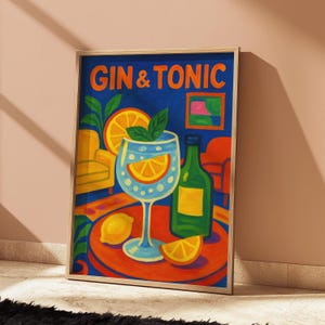 Gin & Tonic Wall Art Print – Bold Cocktail Painting, Retro Bar Decor, Colorful Drink Poster