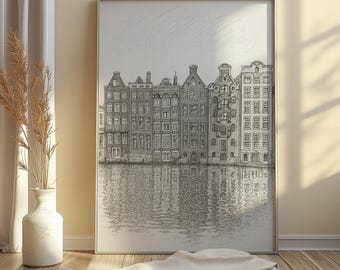 Amsterdam Canal Houses Pen Sketch Art Print | Minimal Black Ink Drawing | Landmark Wall Art