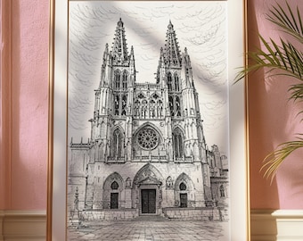 May include: Framed black and white architectural drawing of a cathedral with two tall spires, a rose window, and detailed stonework. The artwork is displayed in a gold frame against a pink wall.