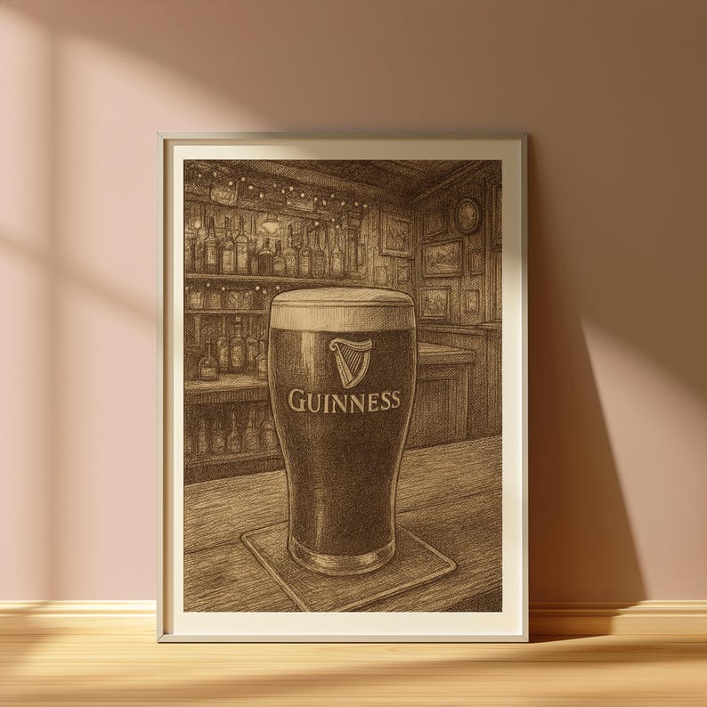 May include: A framed print of a pint of Guinness stout in a pub setting. The dark beer is in a tall glass with the Guinness logo. The background shows a bar with bottles and framed pictures.