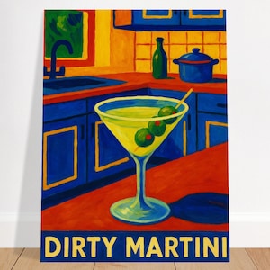Dirty Martini Wall Art Print – Bold Cocktail Painting, Retro Bar Decor, Olive Drink Kitchen Poster