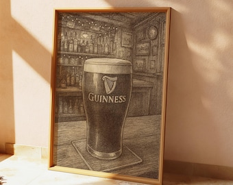 Guinness Pint in Irish Pub – Pen Sketch Poster | Vintage Bar Art Print | Irish Pub Wall Decor | Guinness Lover Gift | Beer Art Illustration