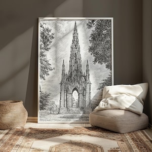 Edinburgh Scott Monument Pen Sketch Print – Vintage Scotland Wall Art | Historic Architecture Drawing | Travel Poster | UK Cityscape Art