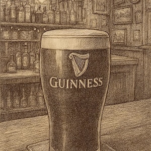 May include: A sepia-toned illustration of a pint of Guinness stout on a coaster, set in a pub. The glass features the Guinness logo and text. Shelves of bottles and framed pictures are in the background, suggesting a classic Irish pub setting.
