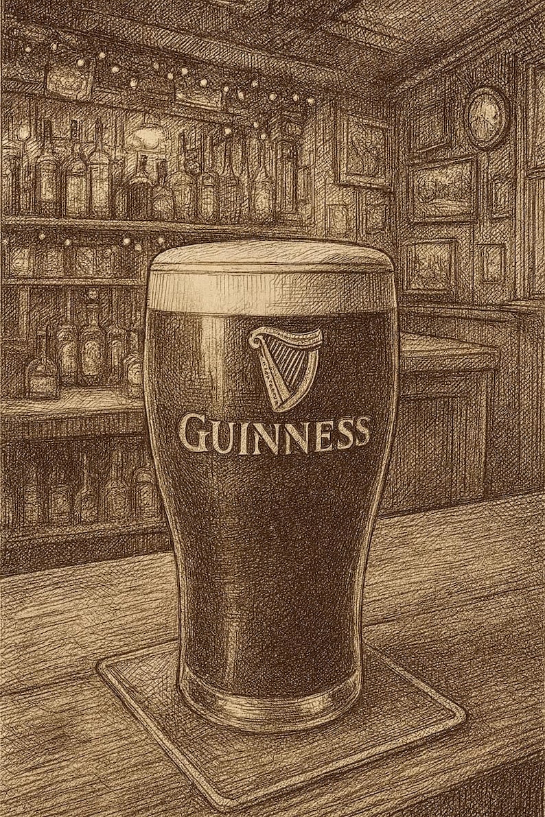 May include: A sepia-toned illustration of a pint of Guinness stout on a coaster, set in a pub. The glass features the Guinness logo and text. Shelves of bottles and framed pictures are in the background, suggesting a classic Irish pub setting.
