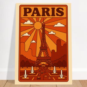 Retro Paris Wand Kunst Druck - 70er Jahre Stil Eiffelturm Poster, Funky Vintage Reise Dekor, Boho Orange Paris Illustration