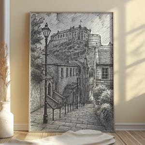 Edinburgh Castle Pen Sketch Print – Vintage Scotland Wall Art | Historic Architecture Drawing | Edinburgh Travel Poster | UK Cityscape Art
