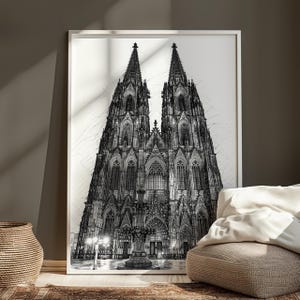 Cologne Cathedral Pen Sketch Print | Gothic Architecture Wall Art, Germany Drawing, Black and White City Art