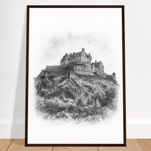 Edinburgh Castle Wall Art Print – Pen Ink Sketch, Monochrome Landmark Drawing, Scotland Architecture Poster