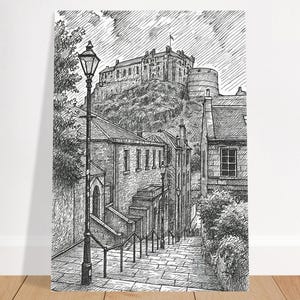 Edinburgh Castle Pen Sketch Print – Vintage Scotland Wall Art | Historic Architecture Drawing | Edinburgh Travel Poster | UK Cityscape Art