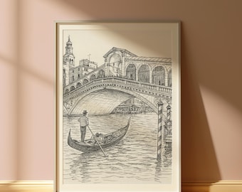 Venice Rialto Bridge Pen Sketch Art Print | Minimal Black Ink Drawing | Landmark Wall Art
