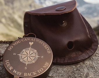 Engraved Brass Compass with Leather Pouch - Anniversary Gift