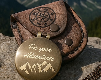 Engraved Brass Pocket Compass with Leather Case - Adventure Keepsake, Anniversary Gift