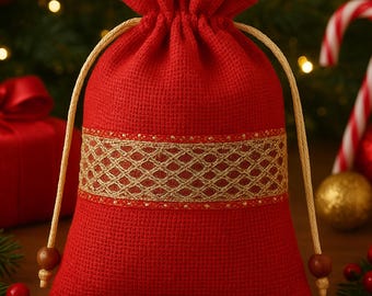 Jute Drawstring Gift Bags- 6 Bags | Eco Wedding, Party Favor Pouch | Red & Natural Rustic