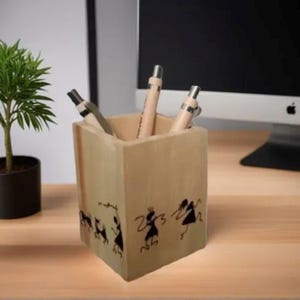 Wooden Pencil holder for desk | Desk Organizer | Fountain Pen Stand | Wooden Pen Holder | Handpainted Desk Decor with Warli Folk Art