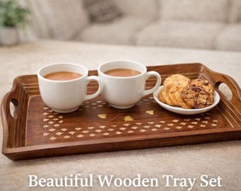Handcrafted Wooden Serving Tray Set with Brass Inlay, Rustic Home Décor