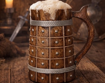 Handmade Viking Wooden Beer Mug, Rustic Norse Tankard, Medieval Drinkware Gift