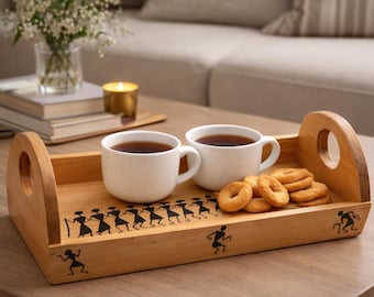 Wooden Serving Tray with Warli Art, Handmade Tea Coffee Tray, Rustic Home Decor