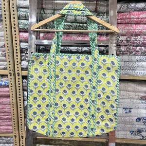 Quilted Cotton Handprinted Reversible Large Peach Brown Floral Tote Bag Eco friendly Sustainable Sturdy Grocery Shopping Handmade Art Boho