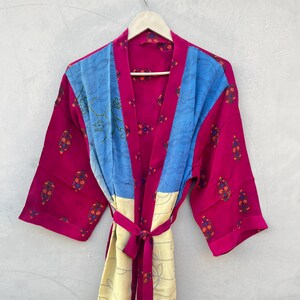 Vintage Silk Saree Kimono Robe, Floor-Length Dressing Gown, Embroidery Sequin