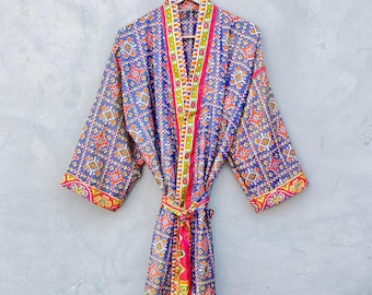Handmade Patola Silk Kimono Robe, Boho Indian Weaving Beach Cover-Up
