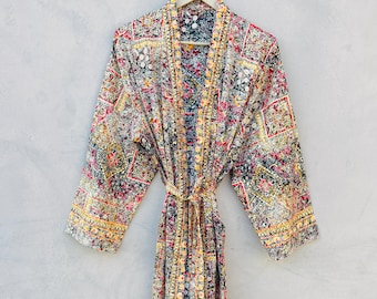 Kimono Kasturi Golden Work, bata de seda vintage, ropa de estar y playa hecha a mano, batas para mujer