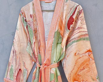 Marbled Cotton Kimono Robe, Striped Trim, Bridesmaid Gift