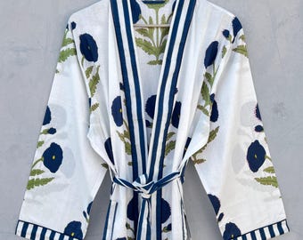 Block Print Cotton Kimono Robe, Floral Bridesmaid Dressing Gown, Summer Nightwear, Gift For her