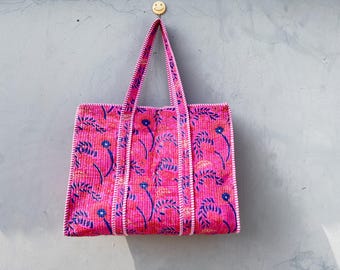 Pink Floral Quilted Tote Bag: Hand Block Printed Cotton Handbag