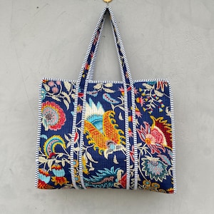 Floral Handprinted Quilted Tote Bag: Large Boho Weekender
