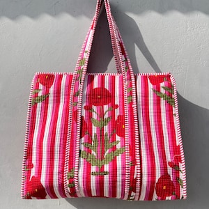 cotton quilted tote bag indian handmade, Quilted cotton tote bag with zipper and inside pocket, Pure cotton tote bag, handbag for women