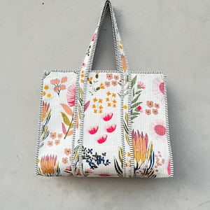 cotton quilted tote bag indian handmade, Quilted cotton tote bag with zipper and inside pocket, Pure cotton tote bag, handbag for women