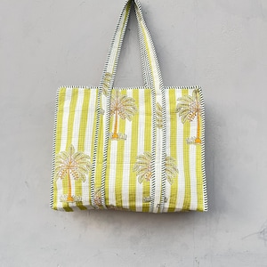 Hand Printed Quilted Cotton Tote Bag: Reversible Floral Shopper